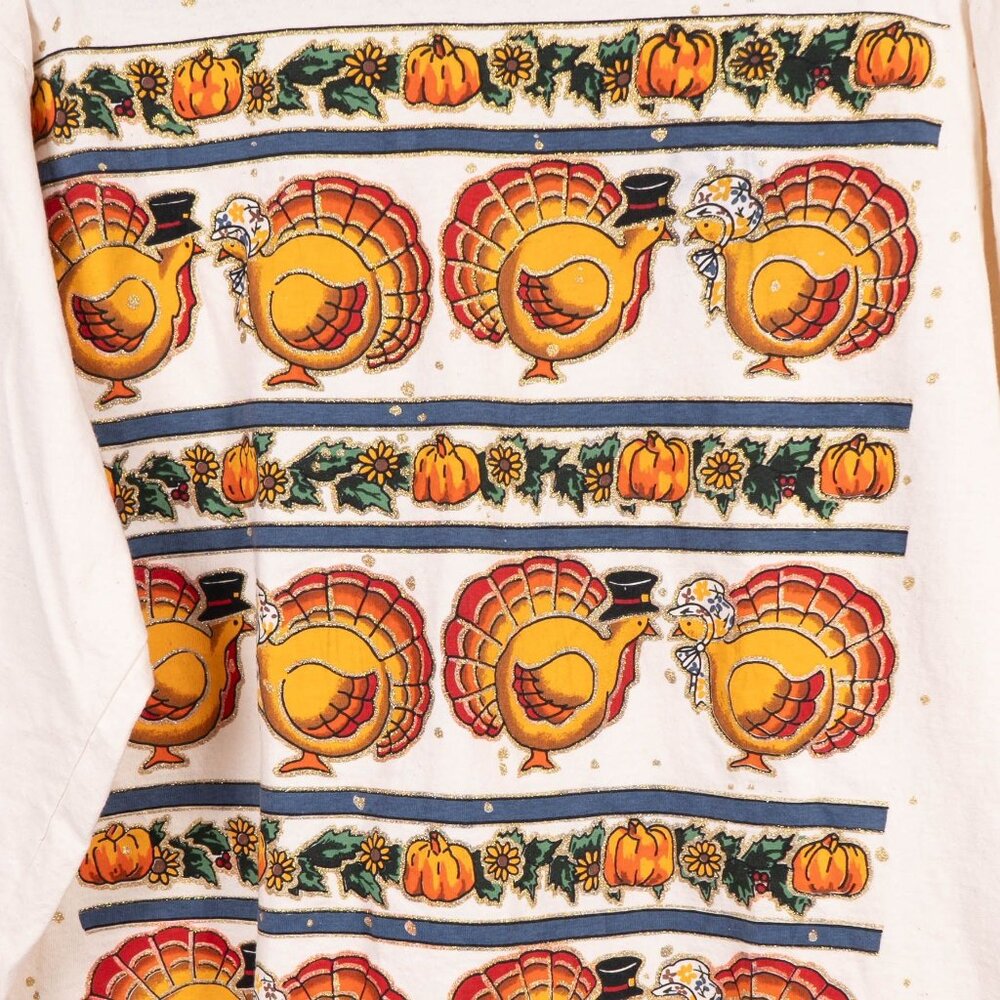 Fun Art VTG Thanksgiving Turkey TShirt M Womens Long Sleeve Pumpkins Pilgrims - Picture 3 of 6
